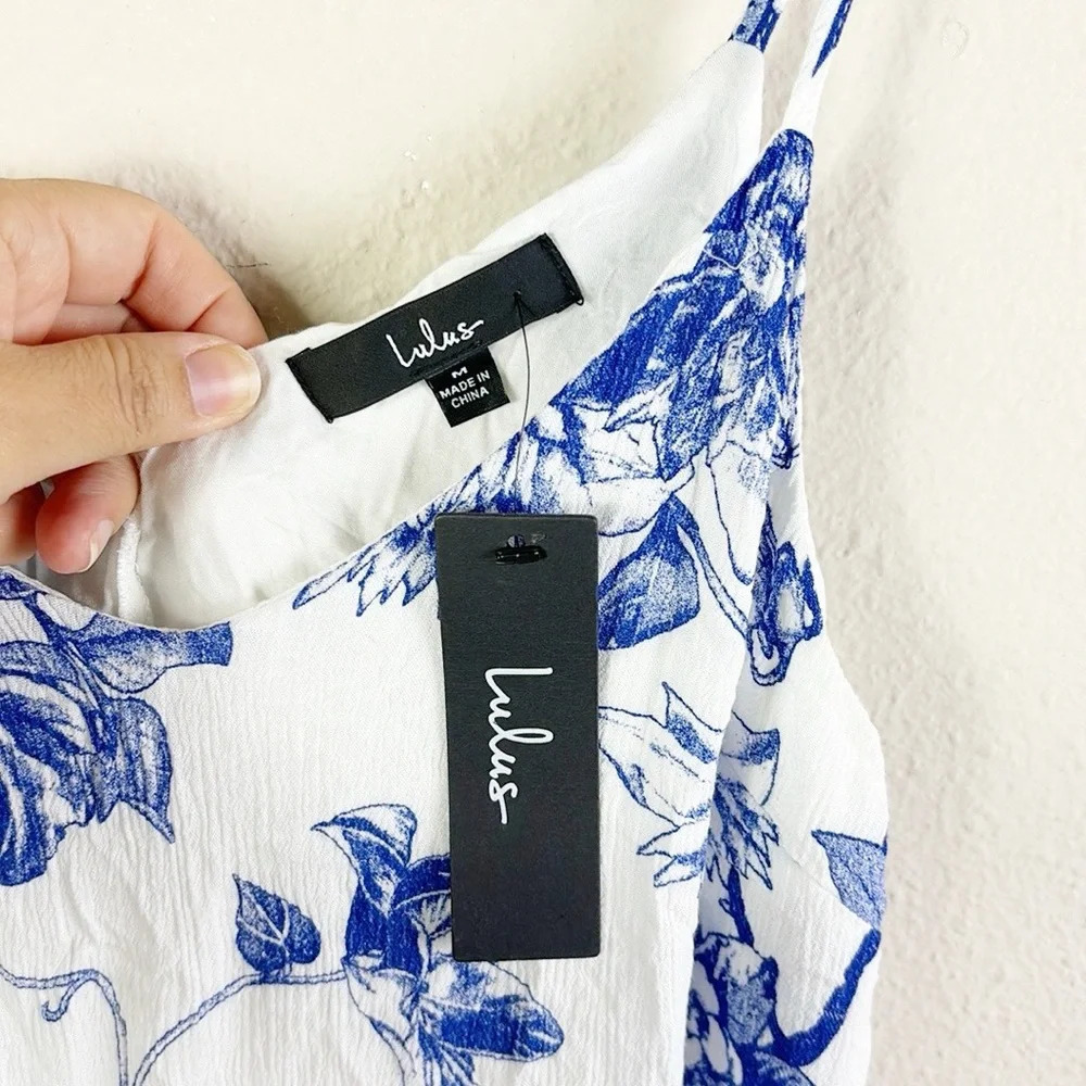 NWT Lulus Garden Bloom Blue and White Floral Print Ruffled Shift Dress sz Medium - Picture 6 of 15